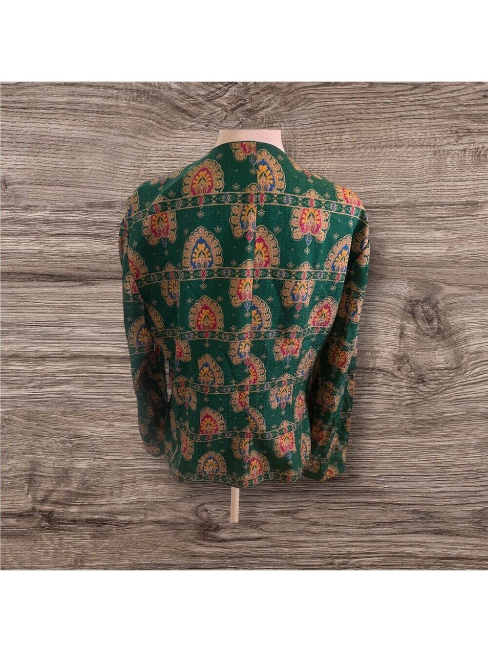 Vintage Adrianna Papell 100% Silk Green/Colorful Pattern 5 Button Down Jacket 12 - Picture 2 of 9